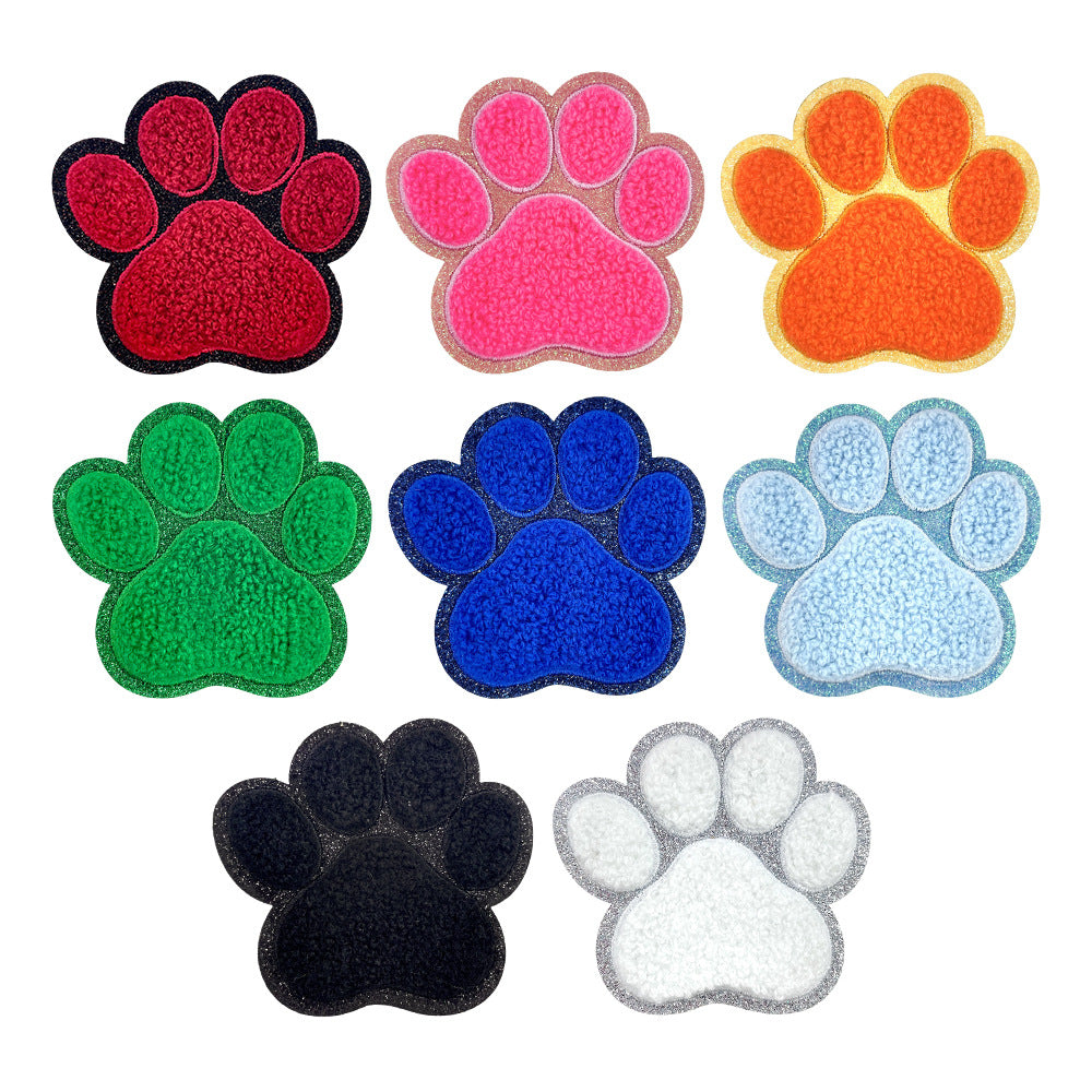 Wholesale Dog Paw Glitter Chenille Embroidered Patch Heat Activated DIY Applique For Shoes Hats And Pet Decor
