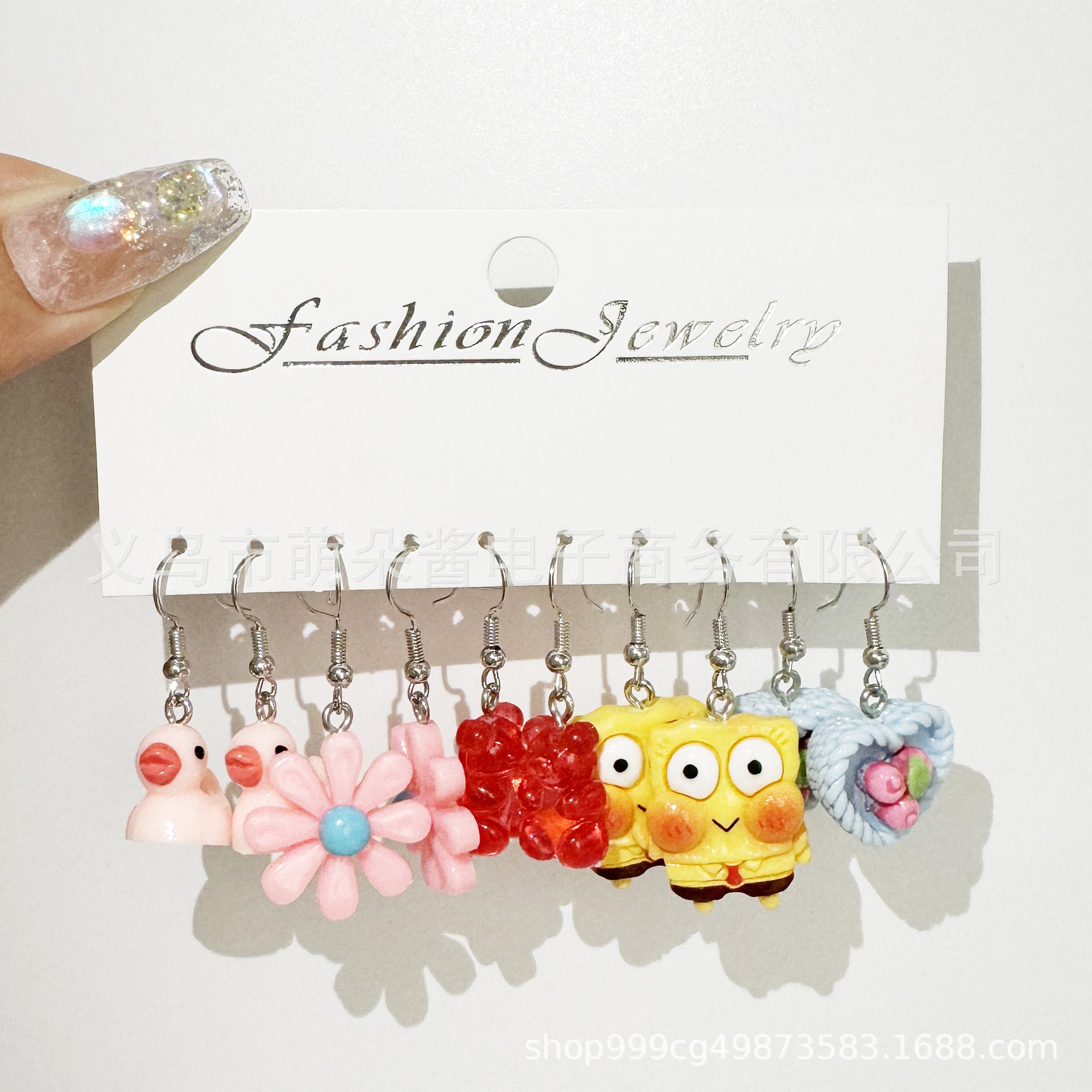 Wholesale 5pcs/pack Hot Sale Acrylic Bear, Little Fresh Cute Duck, Funny Food Play Earrings Set