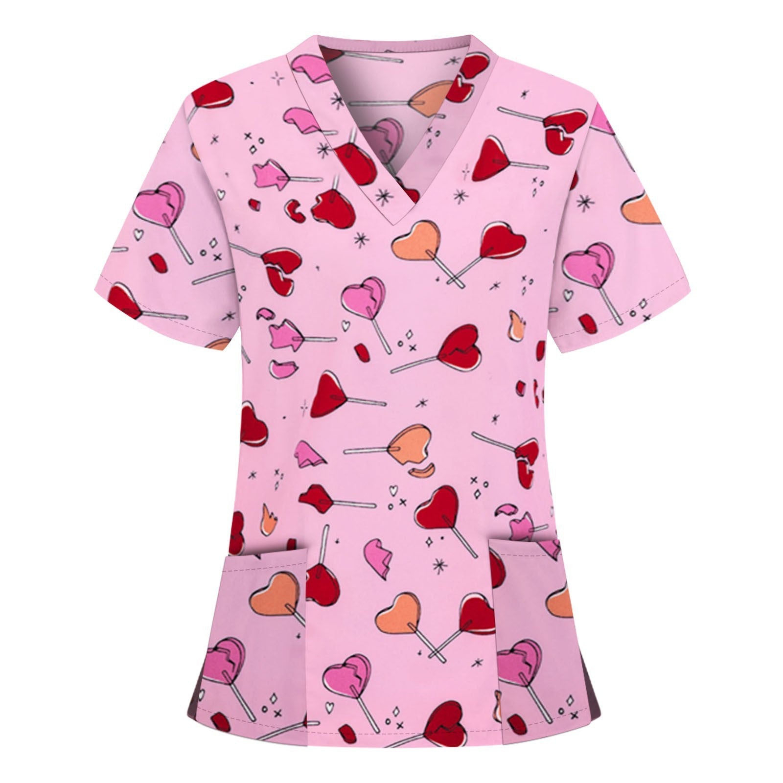 Wholesale Women's V-neck Cartoon Printed Pockets Polyester Work Clothes