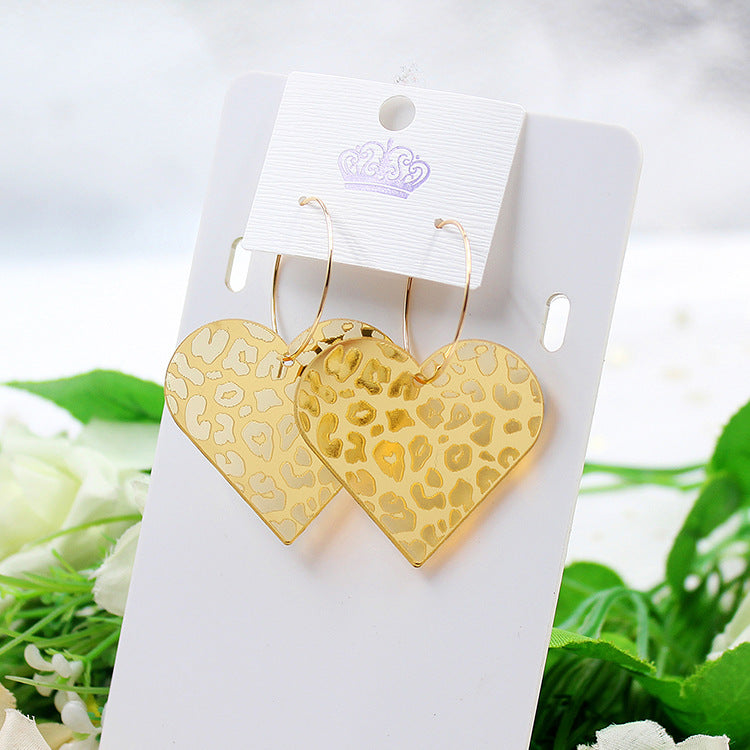 Wholesale Valentine's Day Leopard Print Carved Rose Gold Mirrored Heart-shaped Acrylic Earrings