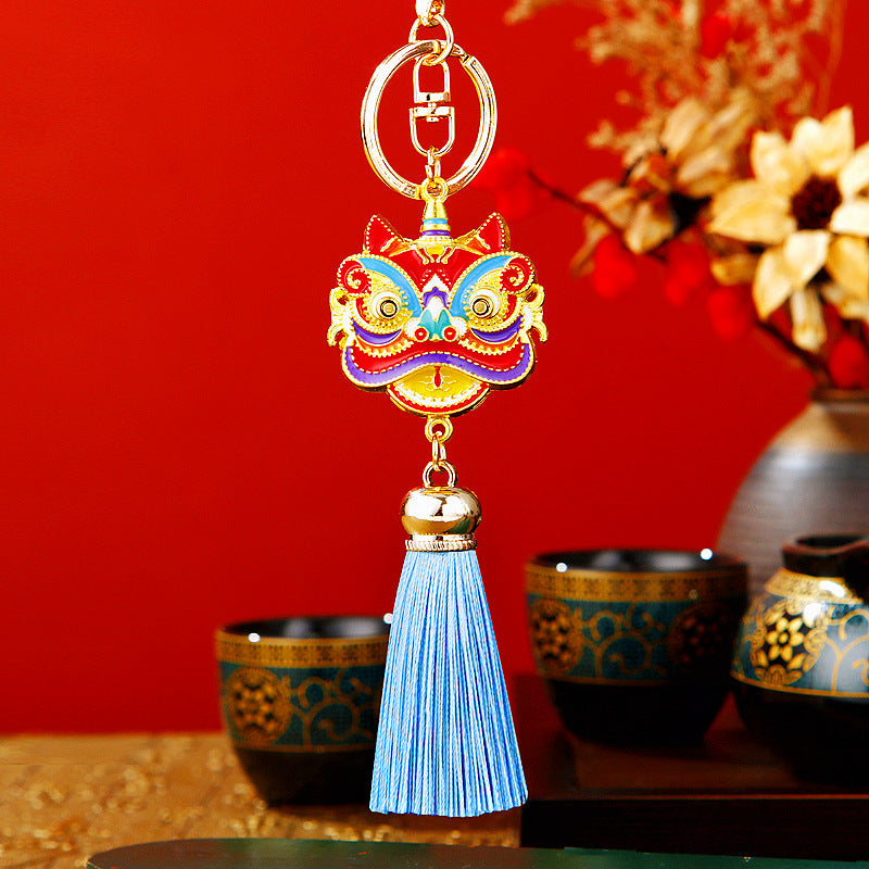 Wholesale Metal Chinese Style Lucky Lion Head Tassel Car Keychain Sapphire Blue Rhinestone Gift For Men Women