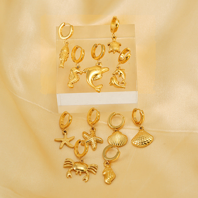 Wholesale Gold Turtle  Conch Starfish  Crab Pendant Titanium Steel Earrings