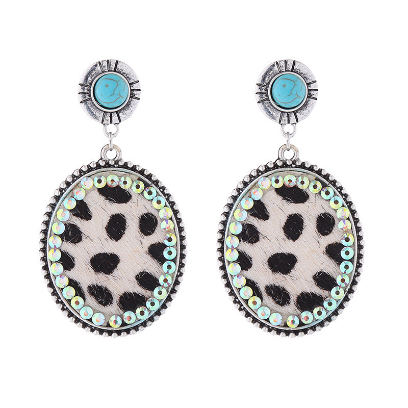Wholesale Leopard Print Leather Alloy Diamond Turquoise Vintage Earrings