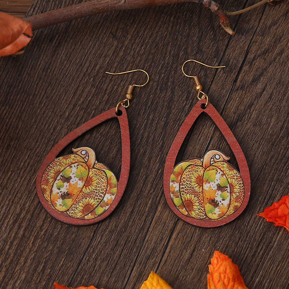 Thanksgiving Leopard Print Pumpkin Wooden Double-Sided Teardrop Earrings
