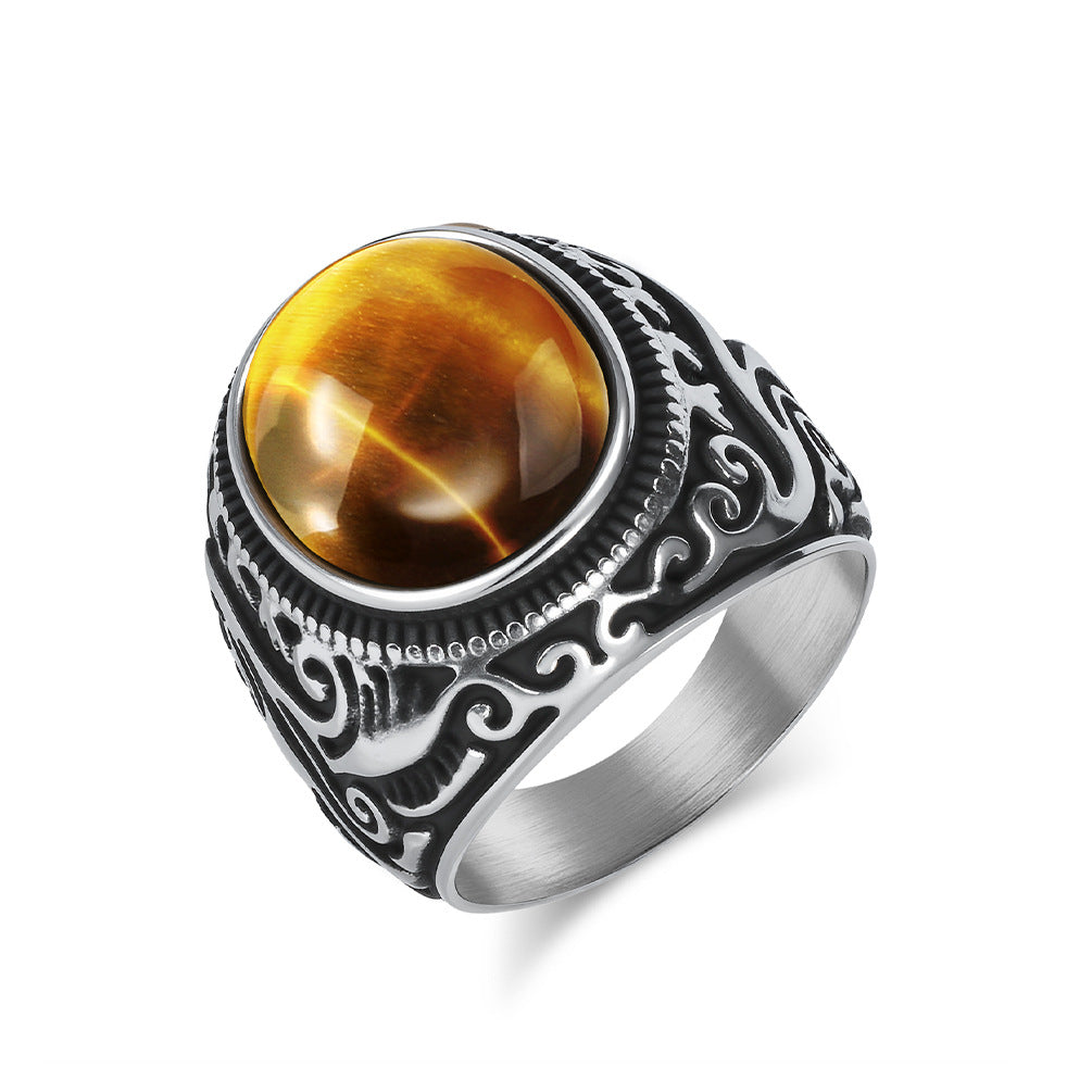 Wholesale Vintage carved flower inlaid tiger eye gemstone Stainless steel ring