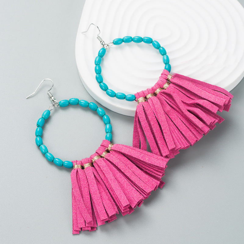 Wholesale Exaggerated Large Round Turquoise Handmade Leather Tassel Earrings