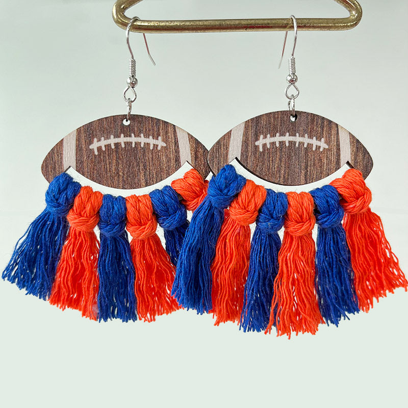 Wholesale 2 Pairs/pack Sports Woven Tassel Rugby Football Cheerleaders Wooden Drop Earrings
