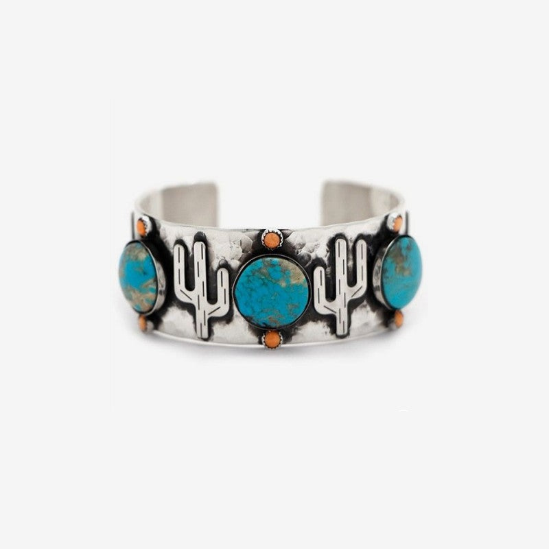 Wholesale Western Style Vintage Turquoise Cactus Carved Metal Bracelet
