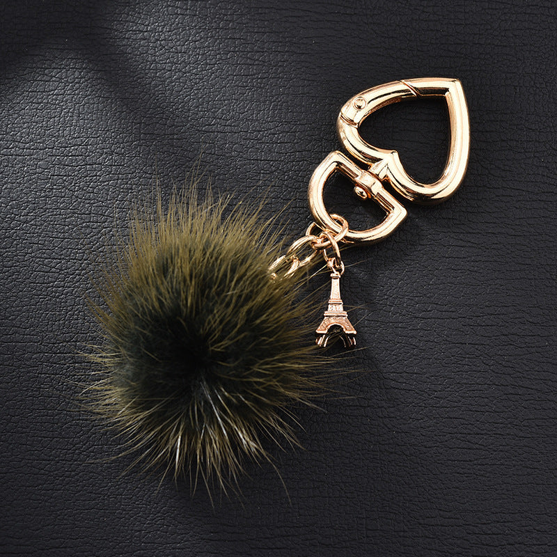 Wholesale mink fur love keychain elegant fur small pendant fur ball alloy love keychain