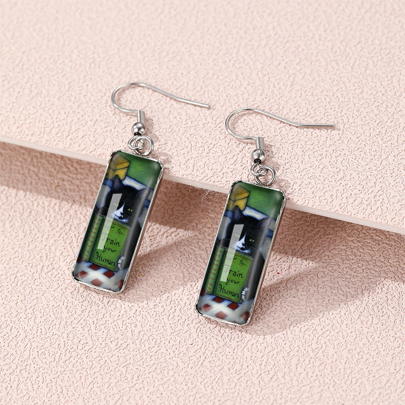 Wholesale Cat Time Gem Rectangular Glass Earrings