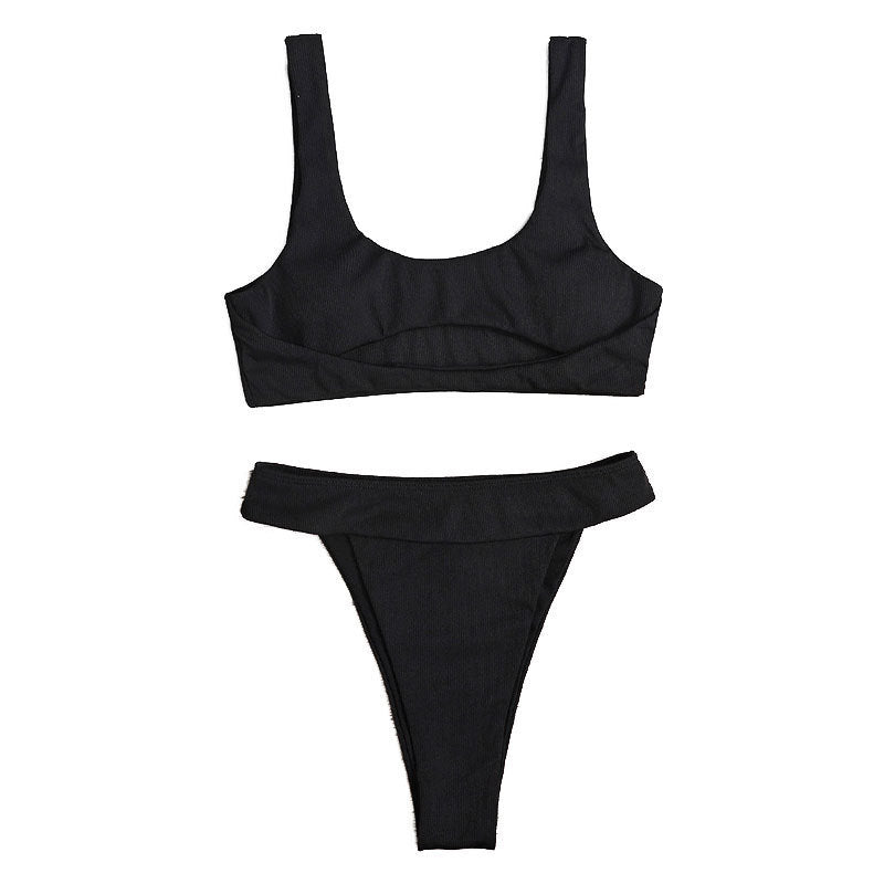 Wholesale Solid Color Pit Strip Split U-Neck Vest Triangle Swimwear