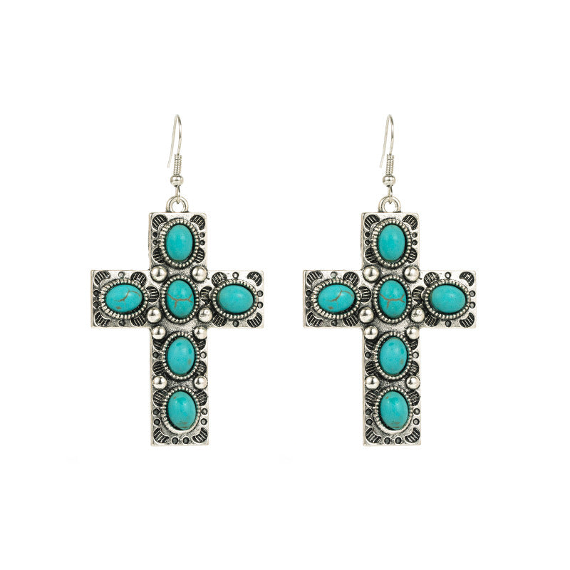 Wholesale bohemian Retro ethnic earrings alloy inlaid turquoise cross earrings