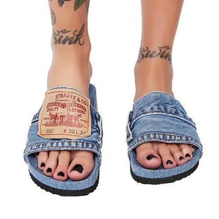 Wholesale Beach Solid Color Casual Denim Fish Mouth Flat Heel Low Top Slippers