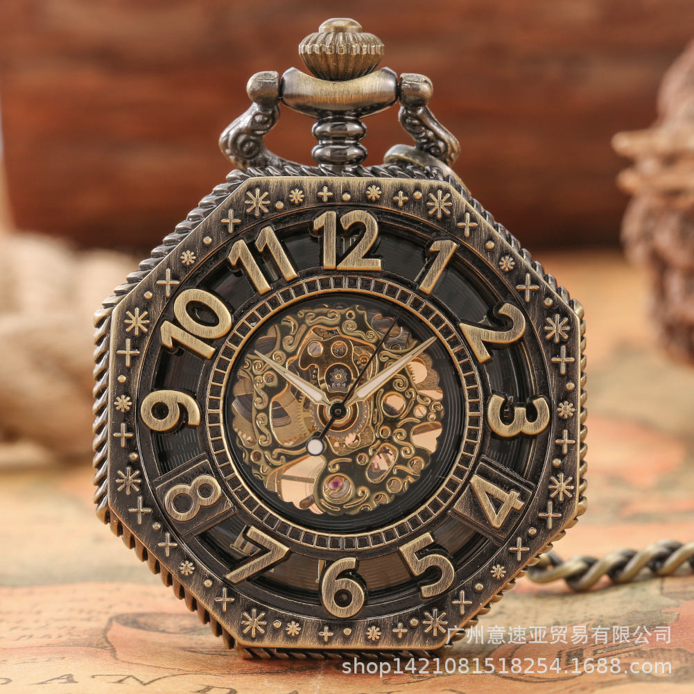 Wholesale Engraved dual display Roman octagonal manual vintage mechanical watch
