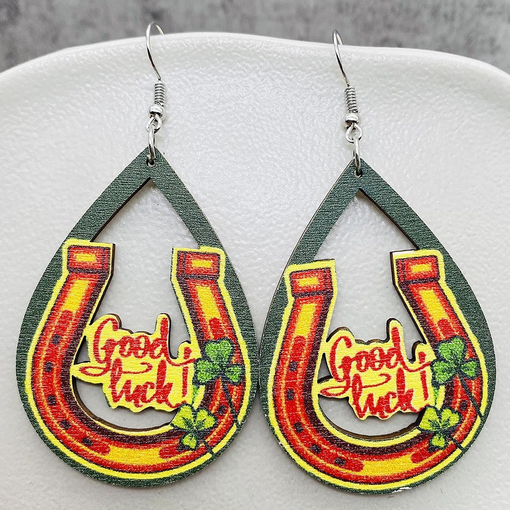 Wholesale St. Puckett Festival  Clover Green Rainbow Dwarfs Wooden Earrings