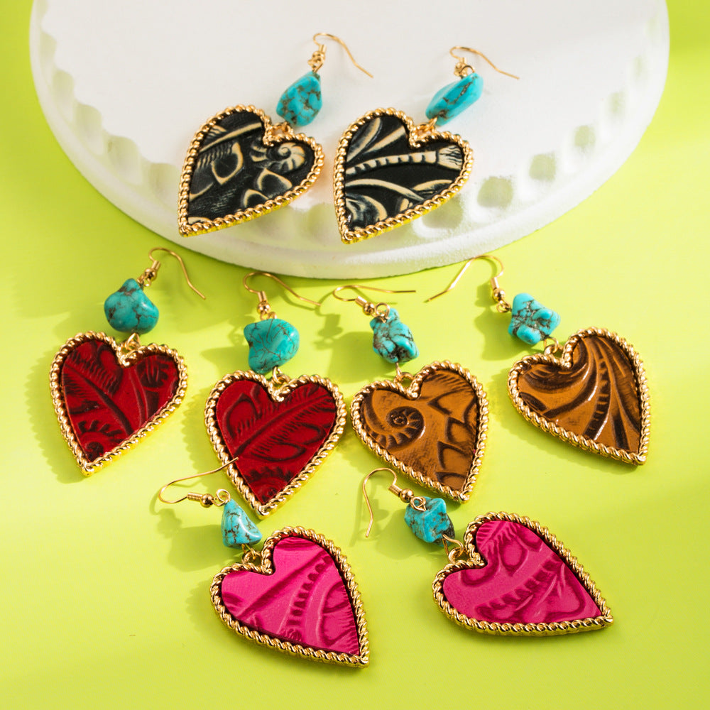 Wholesale Leather print and turquoise heart earrings