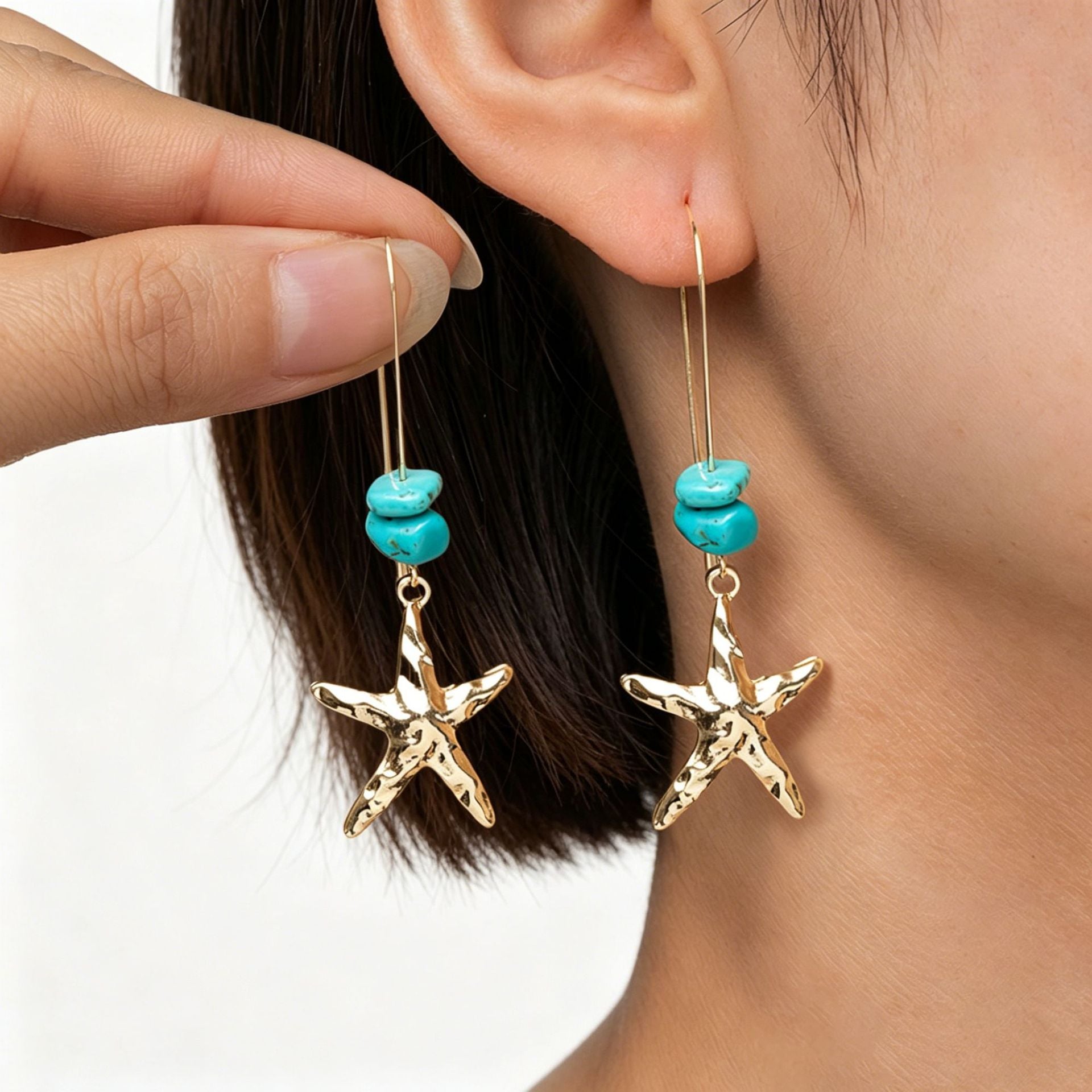 Wholesale Ocean Starfish Alloy Pendant Earrings With Faux Turquoise Beads Women S Fashion Accessory For Casual Commute Boutique Resale