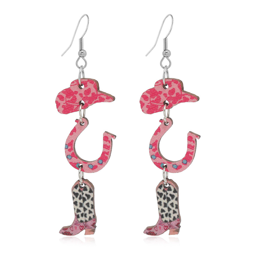 Wholesale Valentine's Day Pink Printed Denim Hats, Horseshoe High Heels, Wooden Earrings