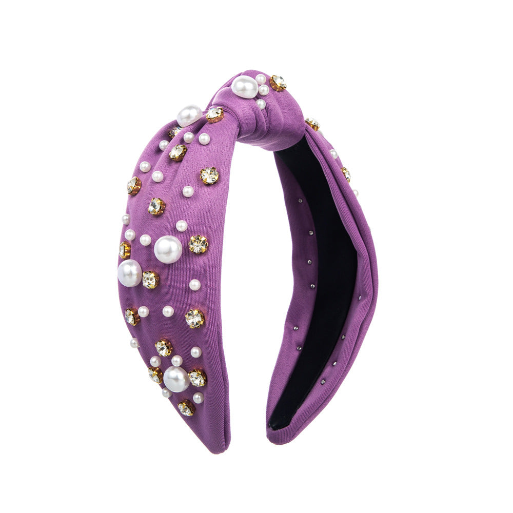 Wholesale Rhinestone Pearl Wide Edge Knotted Fabric Headband