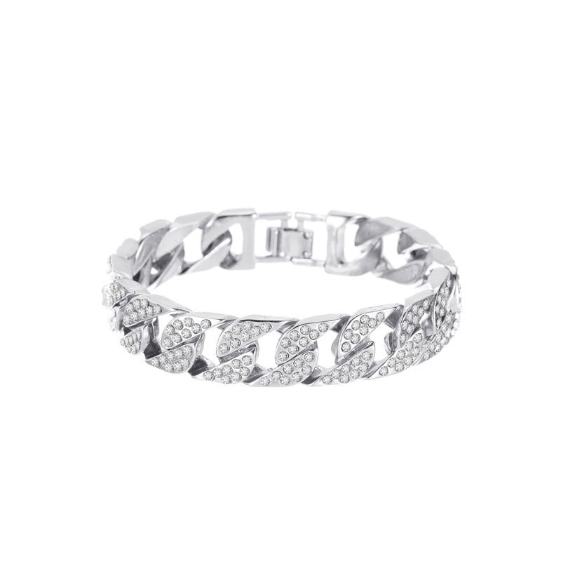 Wholesale European and American Wide Version Flash Diamond Alloy Thick Chain Bracelet