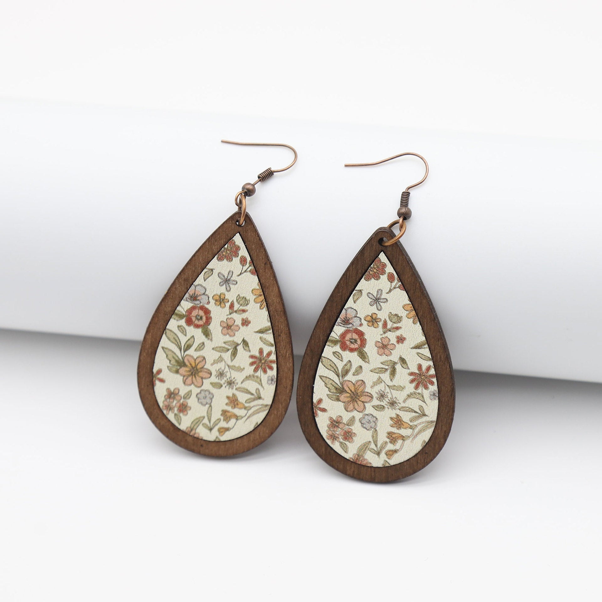 Wholesale Wind Drop Shape Wooden Frame Printing Color Texture  Earrings