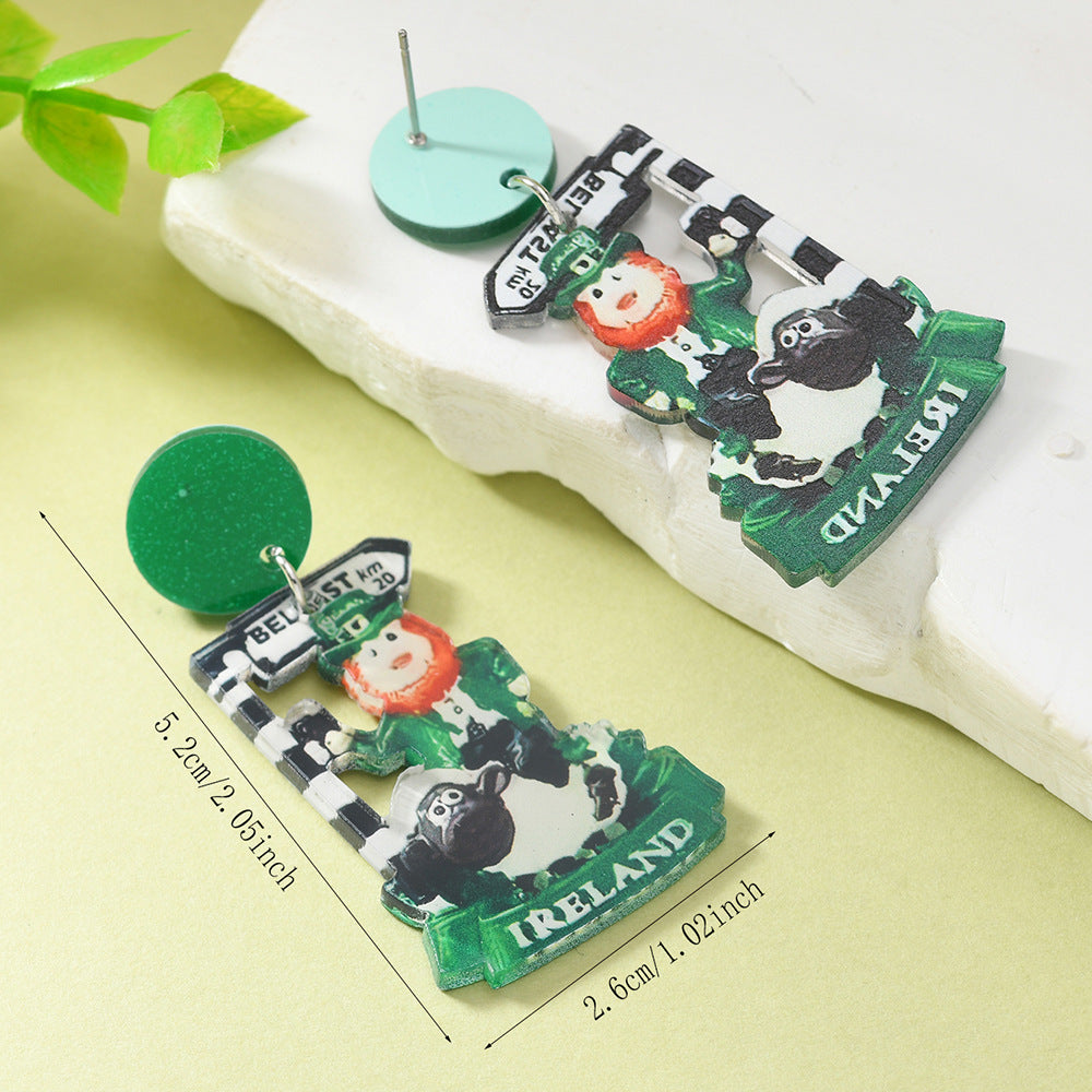 Wholesale St. Patrick's Day Green Hat Lucky Grass Clover Exaggerated Carnival Acrylic Double-Sided Earrings