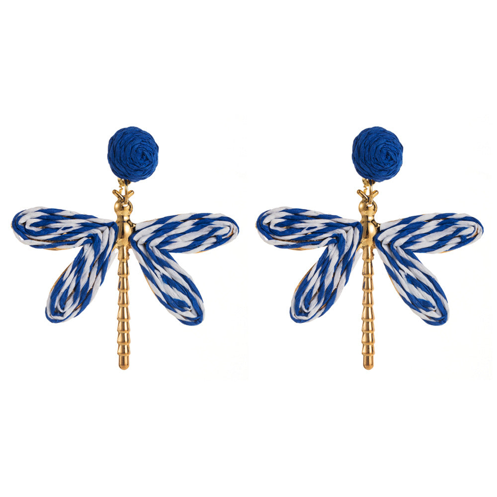 Wholesale Bohemian Holiday Style Hand-woven Raffia Dragonfly Earrings