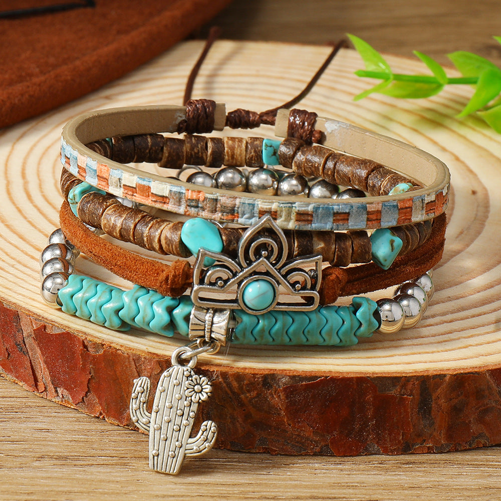 Wholesale Western Turquoise Cattle Head Hat Multi-layer Storestring Bracelet Multi-piece Beaded Bracelet