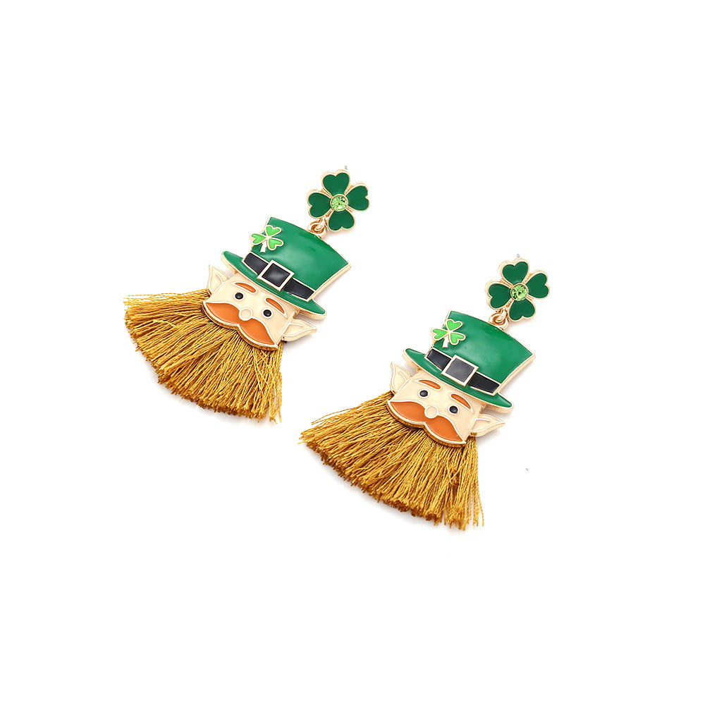 Wholesale St. Patrick Carnival four-leaf clover head tassel earrings alloy drop oil Irish hat earrings