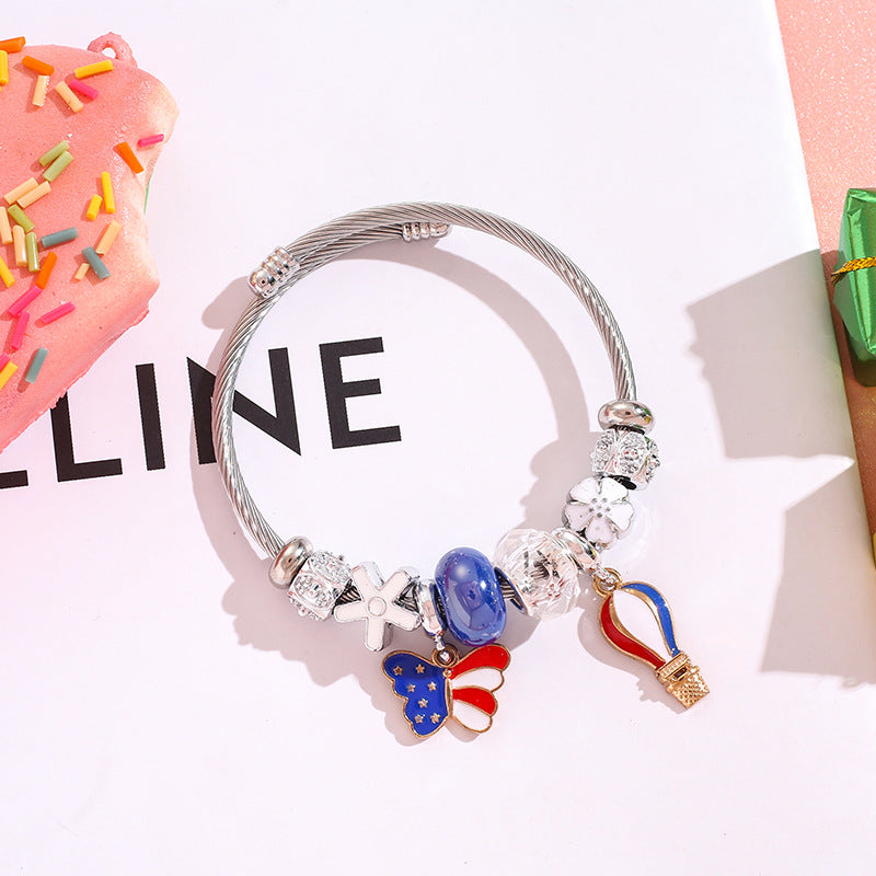 Wholesale American Flag Love Balloon Pendant Stainless Steel Beaded Bracelet