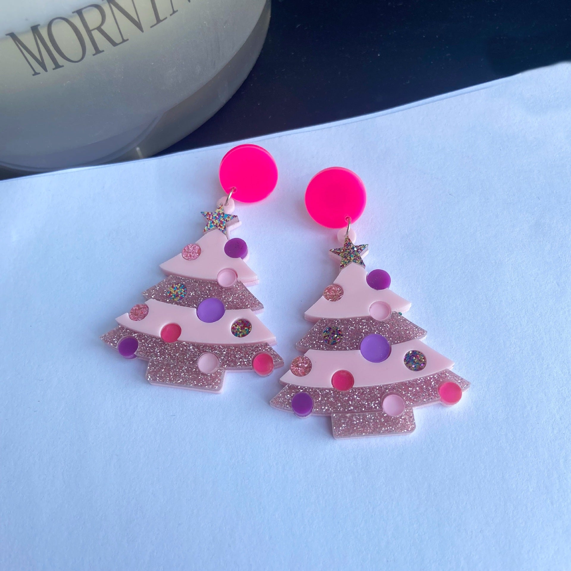 Wholesale Christmas acrylic earrings color ing green pink Christmas tree