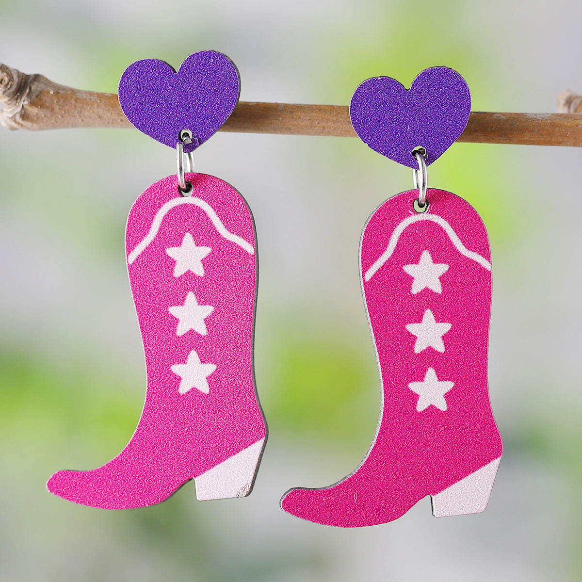 Wholesale Western style pink heart tassel cowboy boots pendant wooden double-sided earrings
