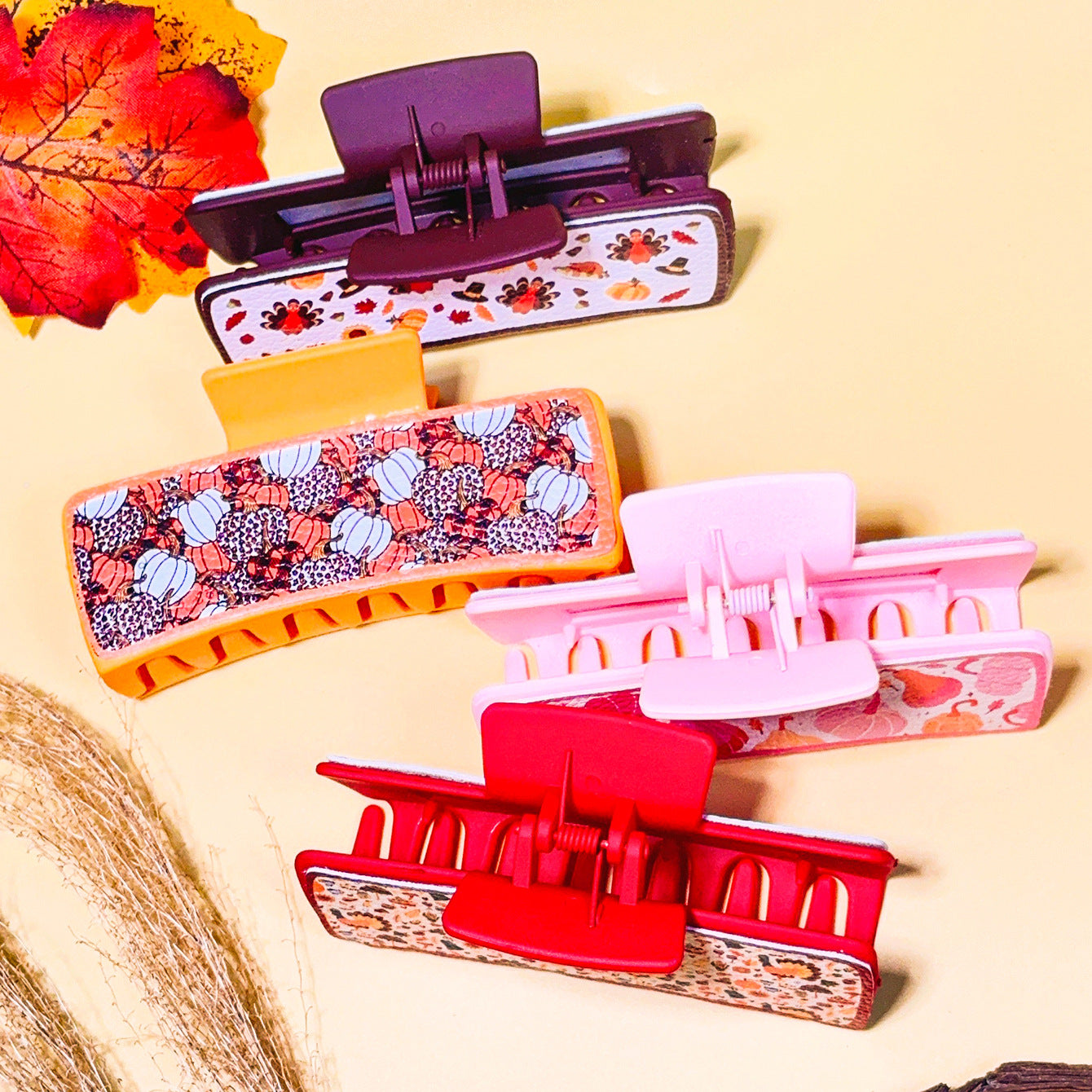 Wholesale Thanksgiving Turkey Pumpkin Leather Print Rectangular Grab Clip