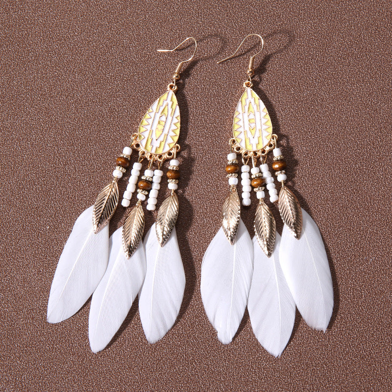 Wholesale Water Drop Tassel Feather Simian Pearl Earrings