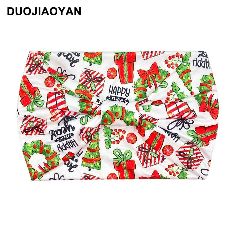Wholesale Christmas Printed Hairband with Wide Edges and Knotted Elastic Headband Cartoon Santa Claus Headscarf