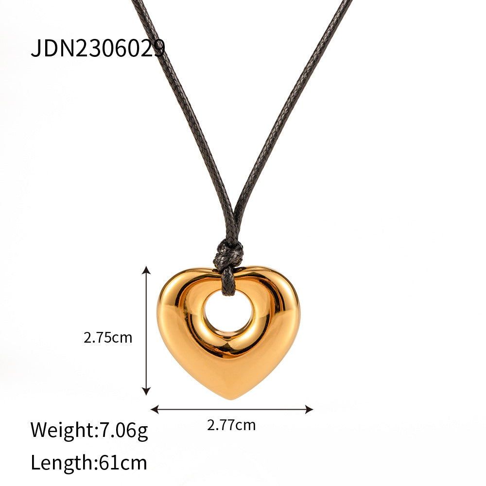 Wholesale Valentine's Day Stainless Steel Black Wax Rope Hollow Love Necklace