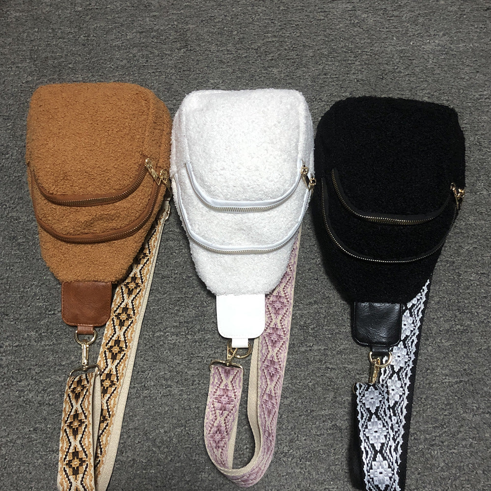 Wholesale Autumn and Winter Wide Shoulder Straps Crossbody Bags Sherpa Plush Chest Bags