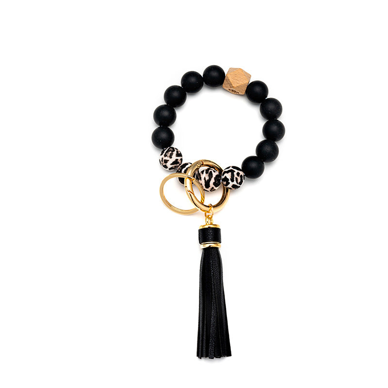 Wholesale Handmade Beaded Leopard Silicone Bead Tassel Wrist Keychain