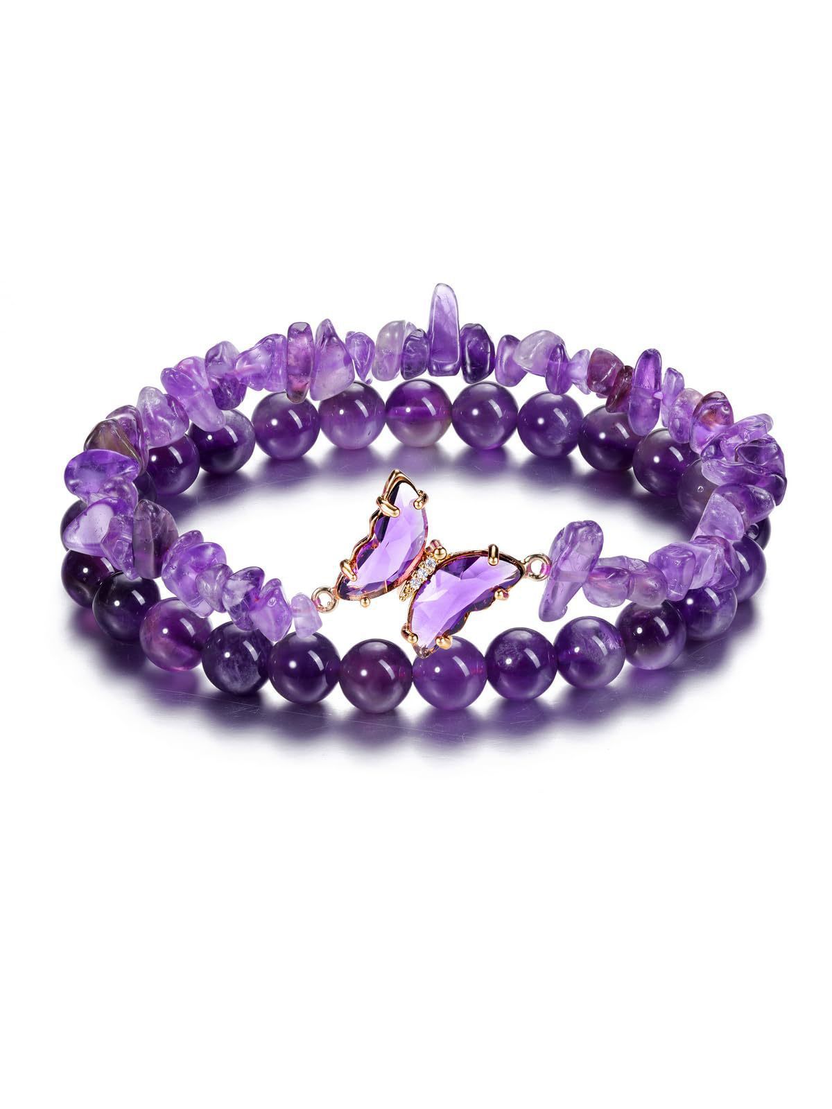 Wholesale  Natural Stone Amethyst Butterfly Pendant Layered Bracelet Set