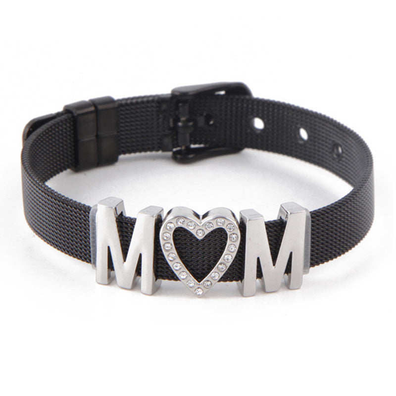 Wholesale Stainless Steel Mesh Adjustable Length Strap Style Diamond Love Letter MOM Mother's Day Bracelet