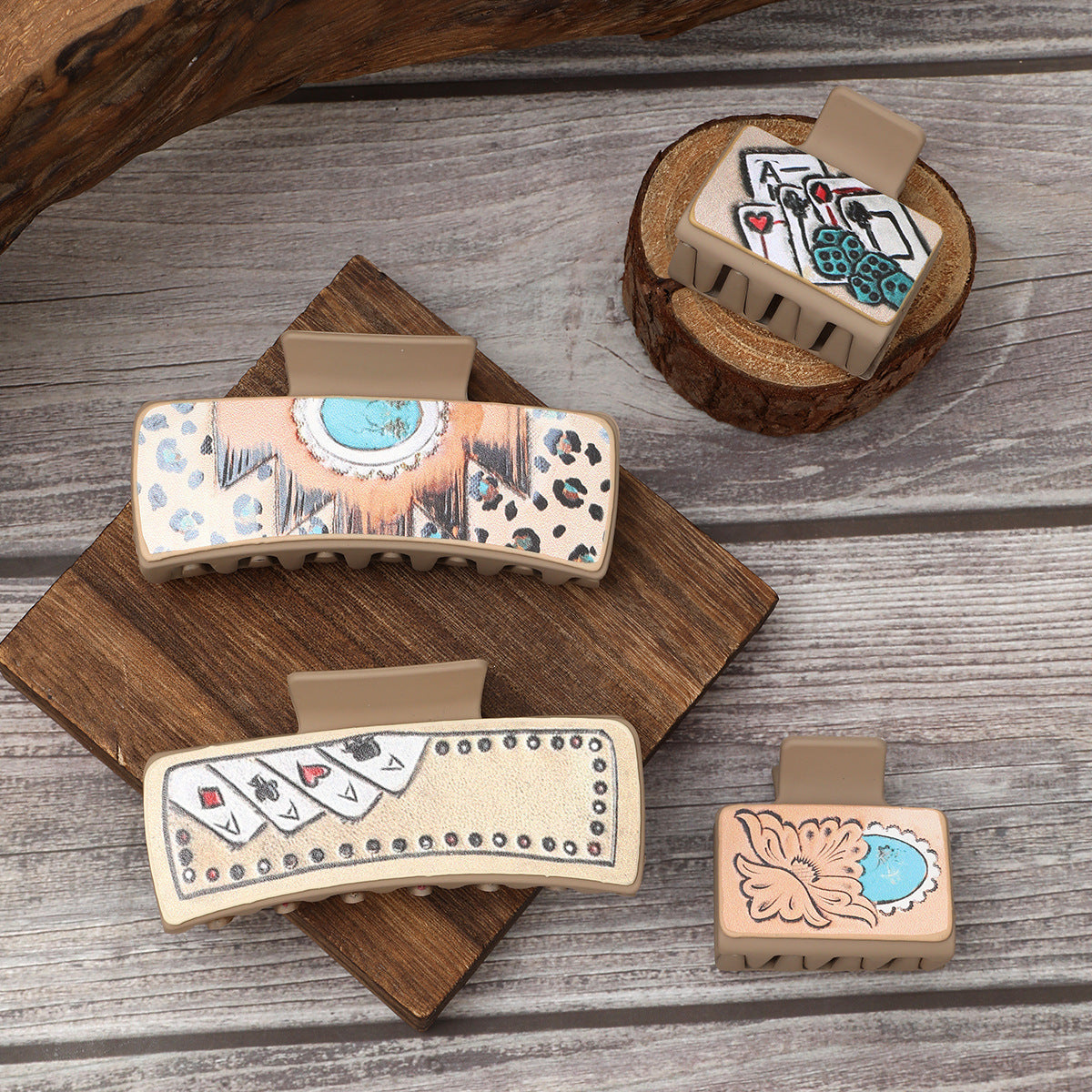 Wholesale Retro Western Faux Leather Hair Claw Clip Set Sunflower Cactus Playing Cards Design Women S Hair Accessory Party Gift