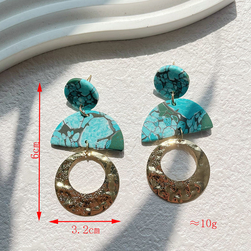 Wholesale Turquoise Geometric Metal Spliced Polymer Clay Earrings