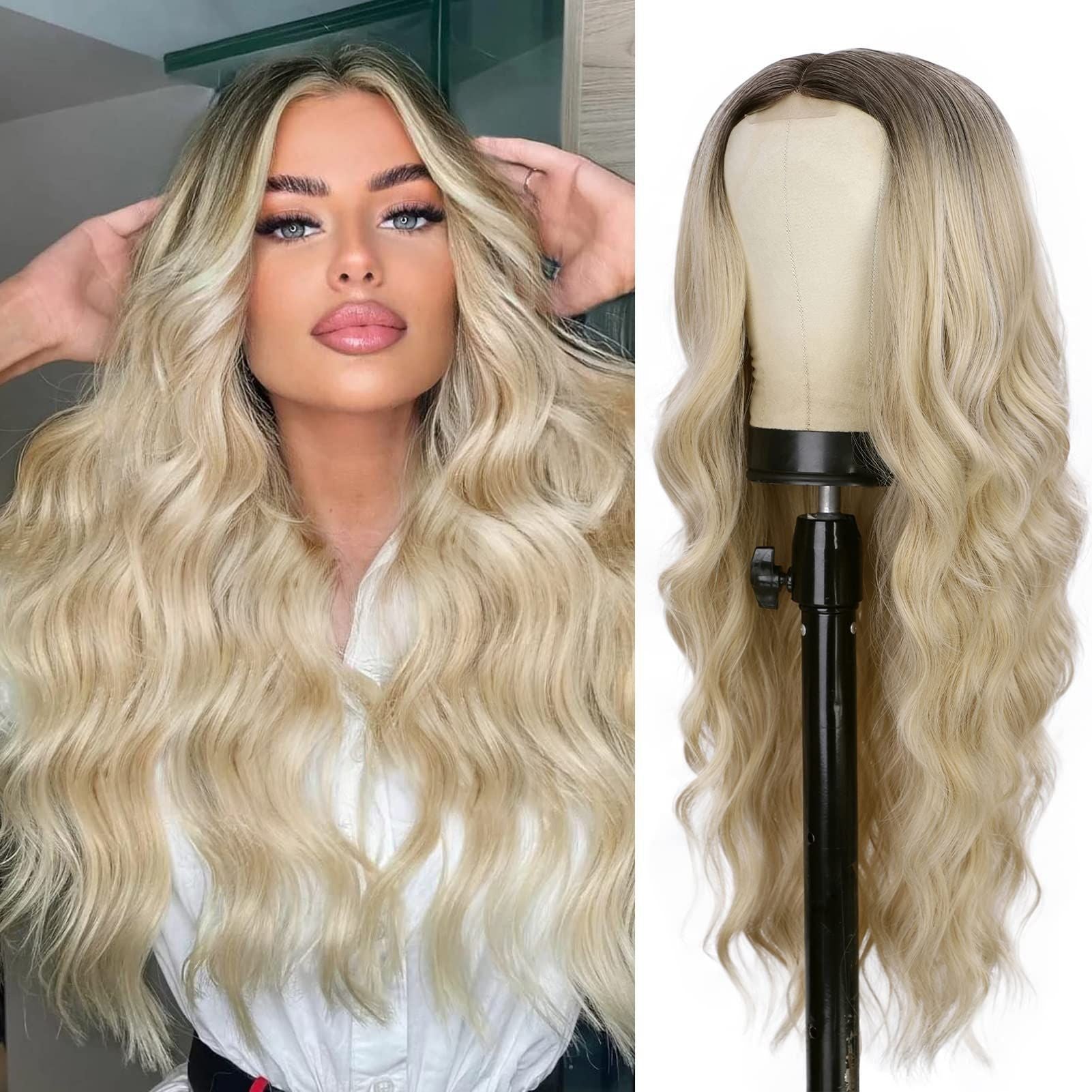 Wholesale Middle-parted gradient yellow long curly hair women's big wave rose net wig