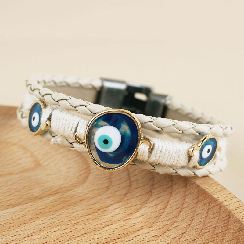 Wholesale Alloy leather multi-layer braided Turkish style blue eye bracelet