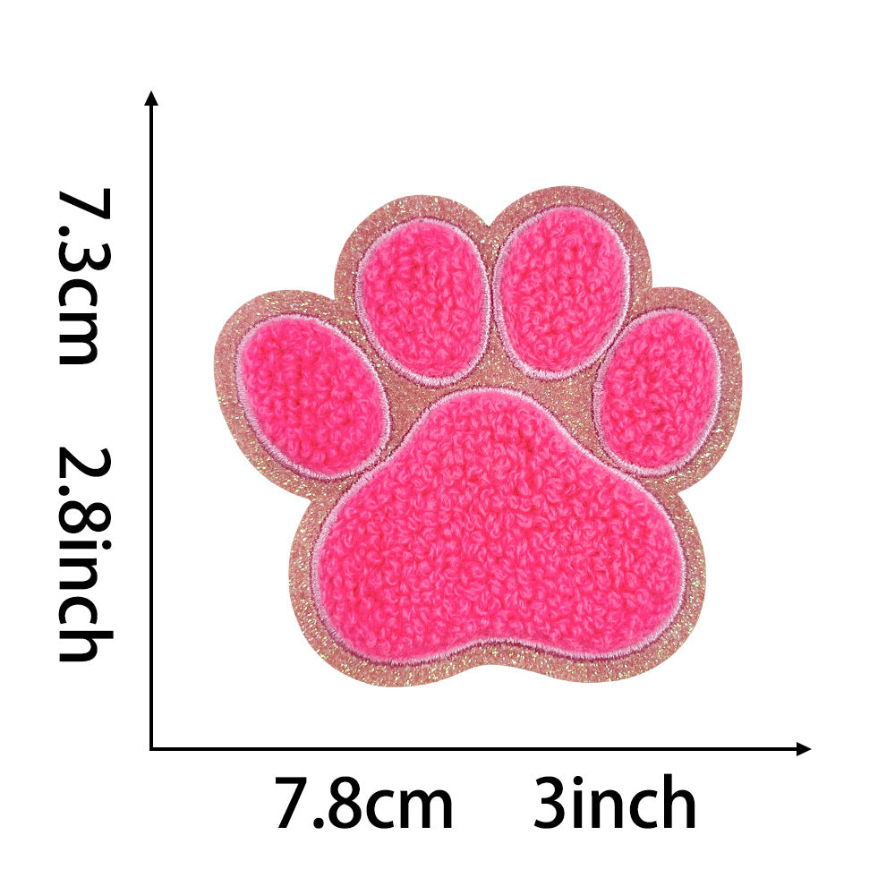Wholesale Dog Paw Glitter Chenille Embroidered Patch Heat Activated DIY Applique For Shoes Hats And Pet Decor