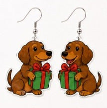 Wholesale Trendy Acrylic Pendant Earrings Reindeer Dachshund Red Green Contrast Jewelry Accessory
