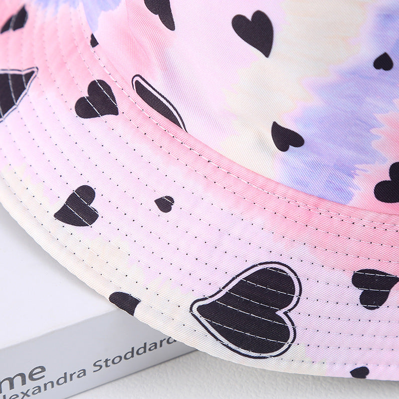 Hearting Heart Printing Tie Dye Color Block Polyester Sun Bucket Sombrero de cubo de Sunshade
