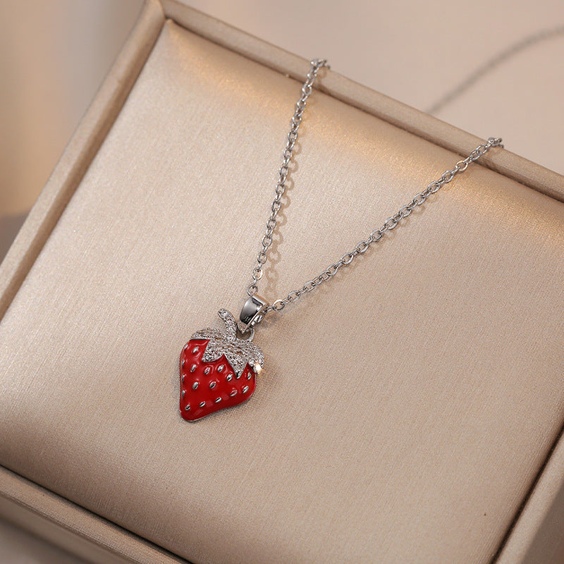 Wholesale Sweet Strawberry Zircon Design Pendant Titanium Steel Necklace