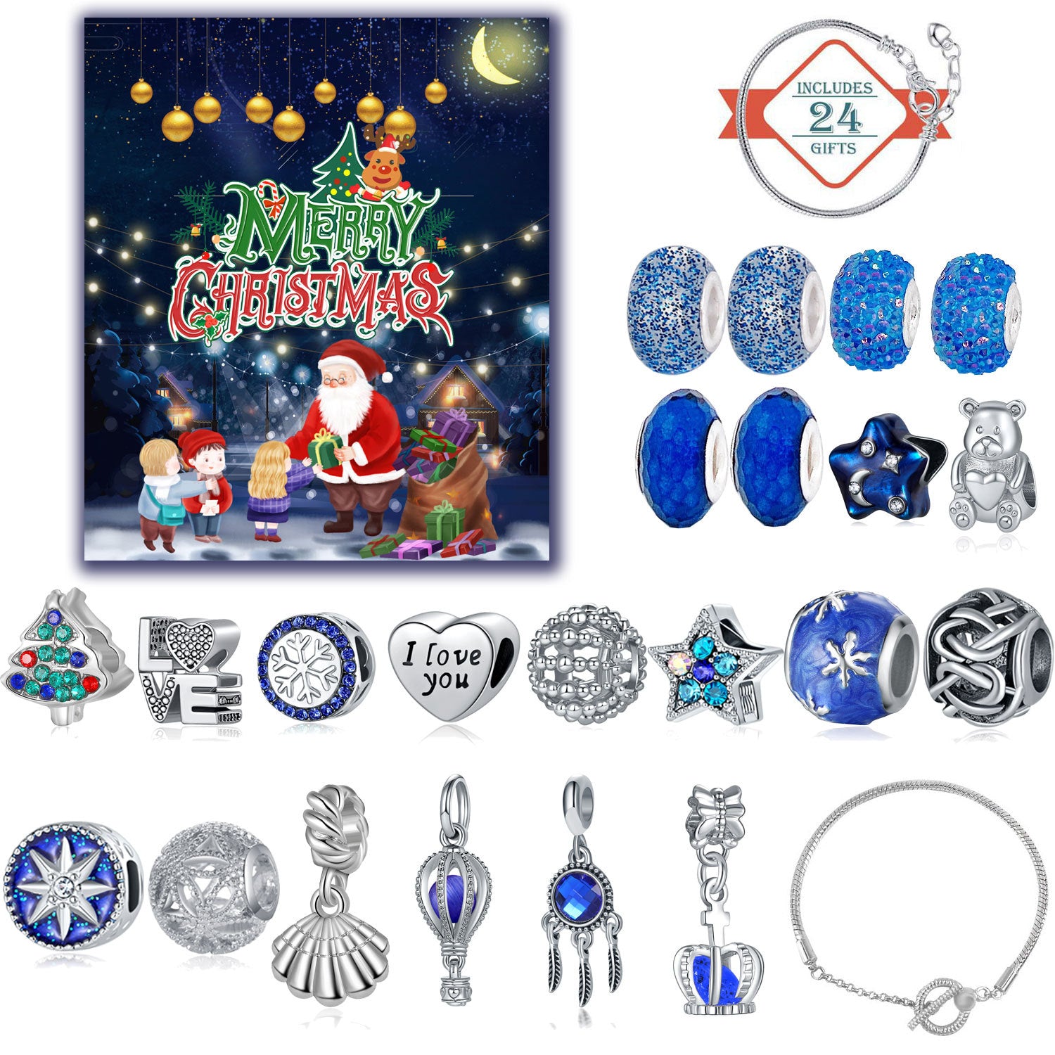 Wholesale Blue Christmas Countdown Calendar Gift Box Set Diy Beaded Bracelet