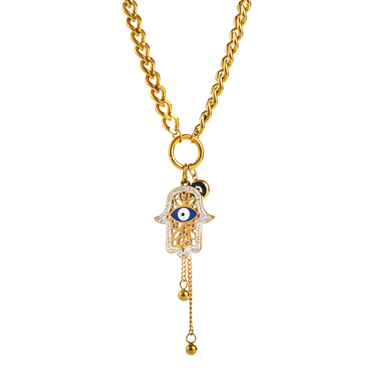 Wholesale Evil Eye Palm Moon Tassel Rhinestone Titanium Steel Necklace
